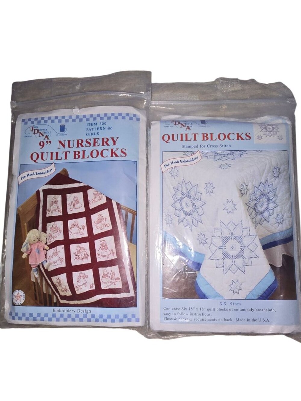 Set/2  9"Nursery Quilt Blocks  & XX Stars Quilt Blocks For Hand Embroidery